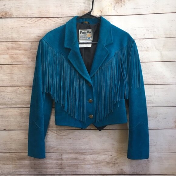 VINTAGE PIONEER WEAR GENUINE LEATHER FRINGE JACKET IN DEEP TEAL - Picture 1 of 16